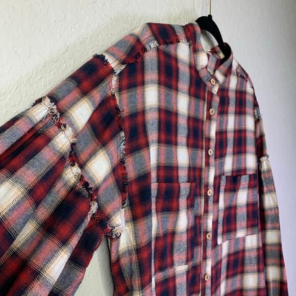EASEL Shirt Dress Medium Plaid Flannel Drop Shoulder Balloon Sleeve‎ Raw Hem - Picture 7 of 13